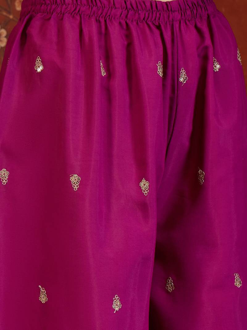 Rani silk blend embroidered kurta Plazzo Set with dupatta.