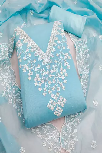 Sky blue chanderi embroidered unstitched suit