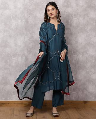 Teal silk blend chanderi hand embroidered suit set with dupatta 1
