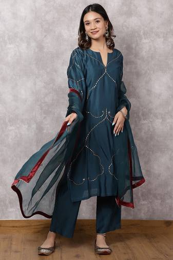 Teal silk blend chanderi hand embroidered suit set with dupatta