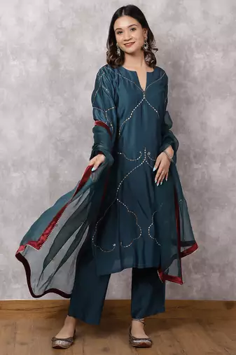 Teal silk blend chanderi hand embroidered suit set with dupatta