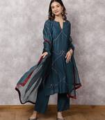 Teal silk blend chanderi hand embroidered suit set with dupatta