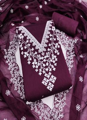 Deep purple chanderi embroidered unstitched suit 5