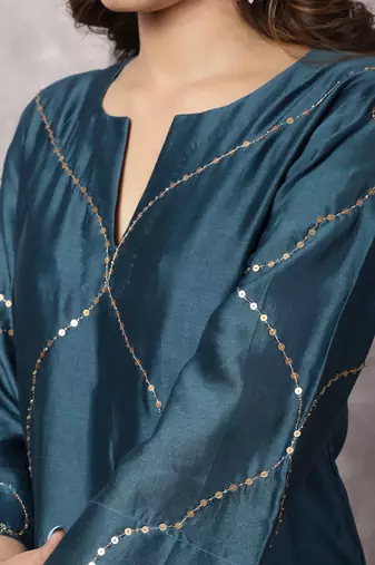 Teal silk blend chanderi hand embroidered suit set with dupatta
