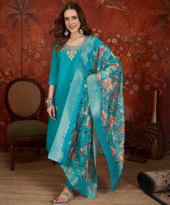 Blue silk blend embroidered kurta set with dupatta. 2