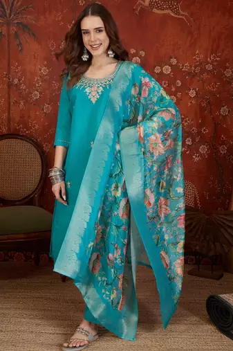 Blue silk blend embroidered kurta set with dupatta.