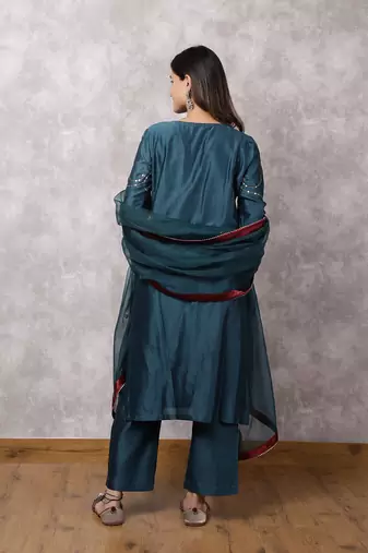Teal silk blend chanderi hand embroidered suit set with dupatta