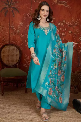 Blue silk blend embroidered kurta set with dupatta.