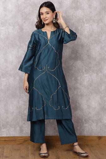 Teal silk blend chanderi hand embroidered suit set
