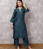 Teal silk blend chanderi hand embroidered suit set