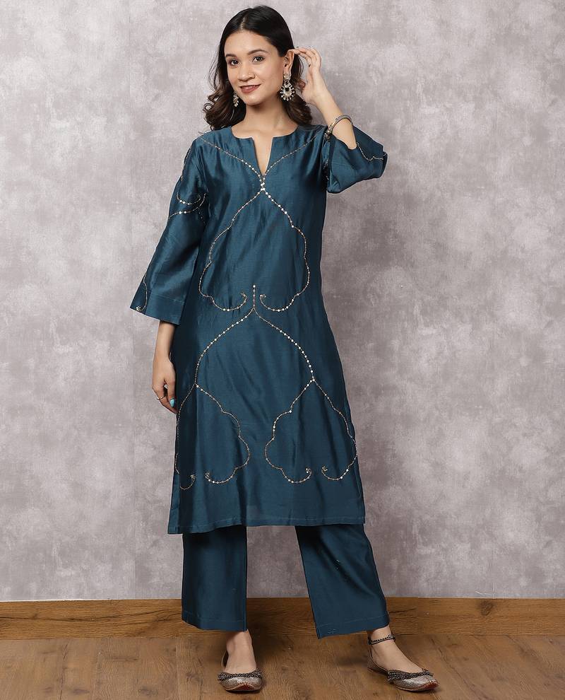 Teal silk blend chanderi hand embroidered suit set