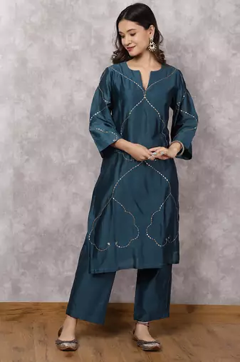 Teal silk blend chanderi hand embroidered suit set