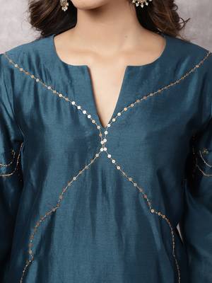 Teal silk blend chanderi hand embroidered suit set 3