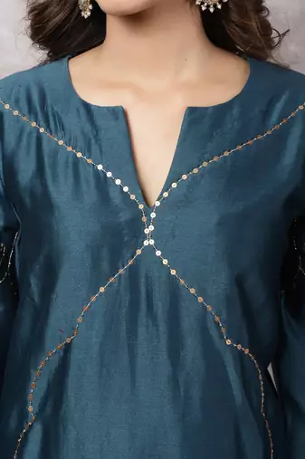 Teal silk blend chanderi hand embroidered suit set