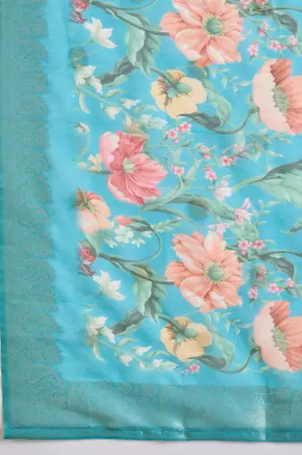 Blue silk blend embroidered kurta set with dupatta.