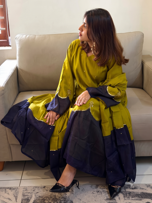 Olive lime green straight kurti with contrast navy blue pant and dupatta set 2