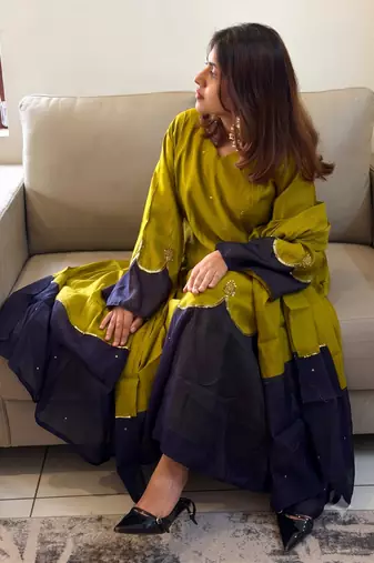 Olive lime green straight kurti with contrast navy blue pant and dupatta set