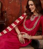 Rani cotton silk embroidered kurta set with dupatta.