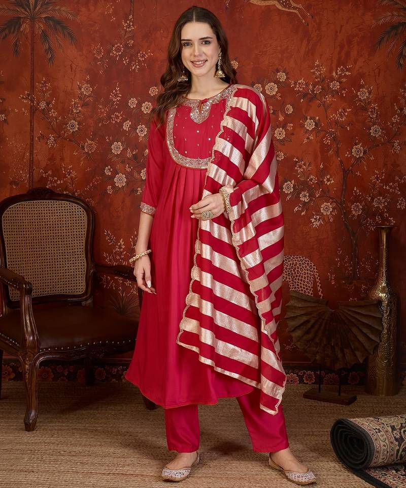 Rani cotton silk embroidered kurta set with dupatta.
