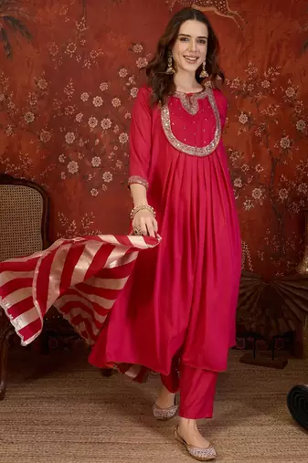 Rani cotton silk embroidered kurta set with dupatta.