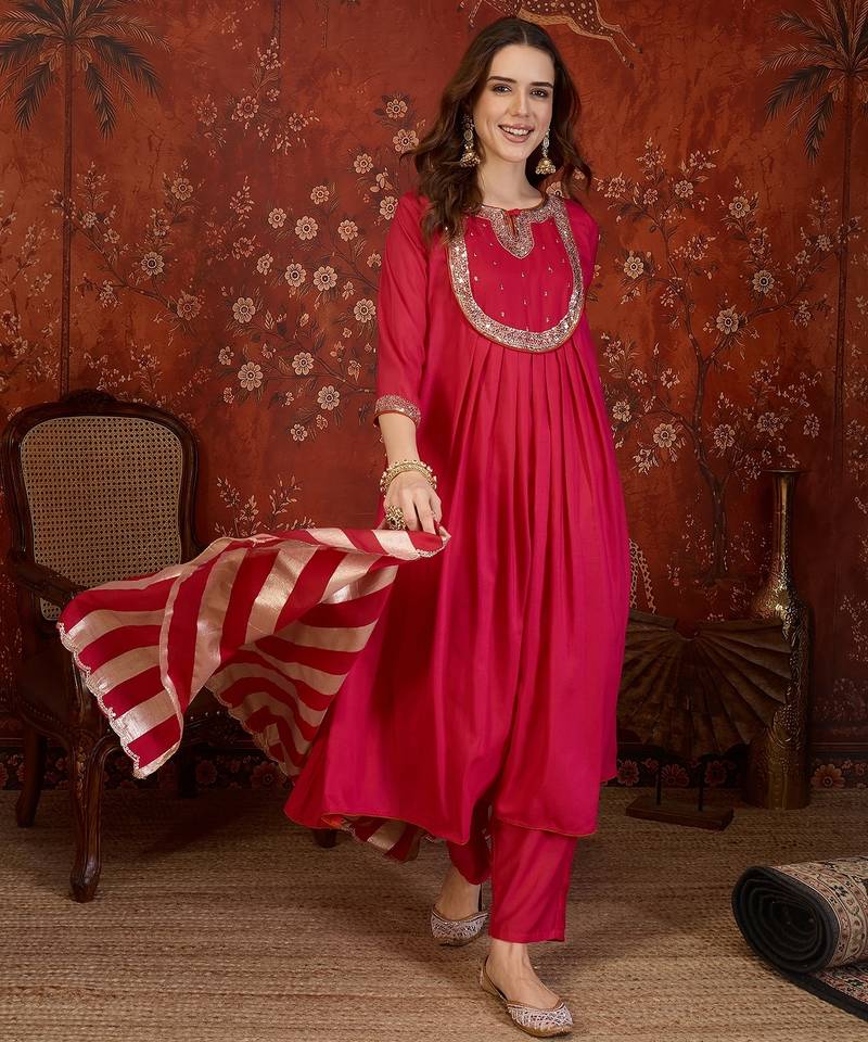 Rani cotton silk embroidered kurta set with dupatta.