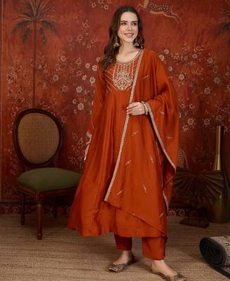 Orange silk blend embroidered anarkali kurta set with dupatta. 1