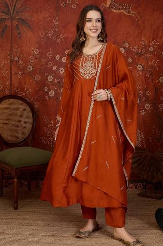 Orange silk blend embroidered anarkali kurta set with dupatta.