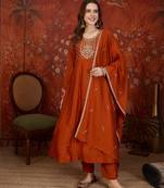 Orange silk blend embroidered anarkali kurta set with dupatta.