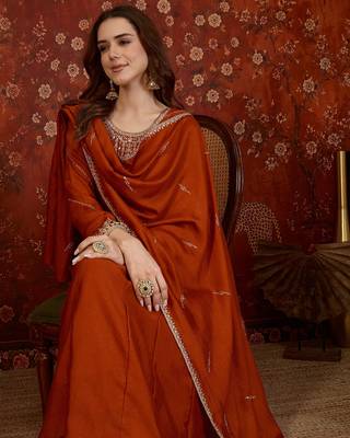 Orange silk blend embroidered anarkali kurta set with dupatta. 2