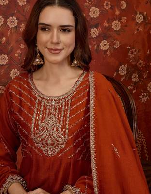 Orange silk blend embroidered anarkali kurta set with dupatta. 3