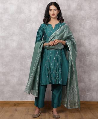 Teal silk blend chanderi hand embroidered suit set with dupatta 1