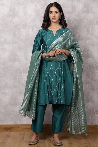 Teal silk blend chanderi hand embroidered suit set with dupatta