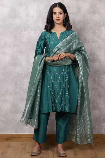 Teal silk blend chanderi hand embroidered suit set with dupatta