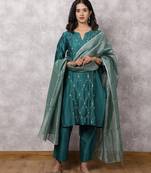 Teal silk blend chanderi hand embroidered suit set with dupatta