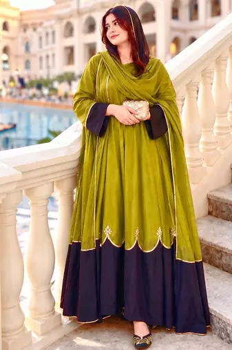 Olive lime green straight kurti with contrast navy blue pant and dupatta set