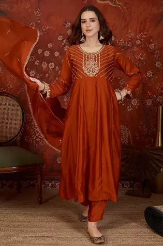 Orange silk blend embroidered anarkali kurta set with dupatta.