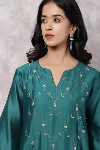 Teal silk blend chanderi hand embroidered suit set with dupatta