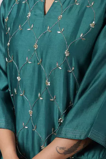 Teal silk blend chanderi hand embroidered suit set with dupatta