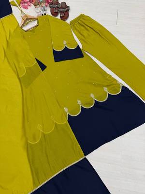 Olive lime green straight kurti with contrast navy blue pant and dupatta set 4