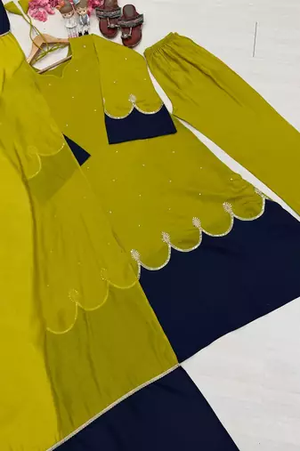 Olive lime green straight kurti with contrast navy blue pant and dupatta set