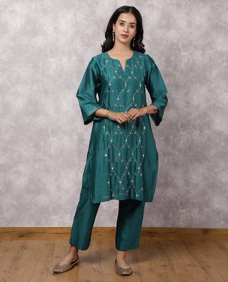 Teal silk blend chanderi hand embroidered suit set 1