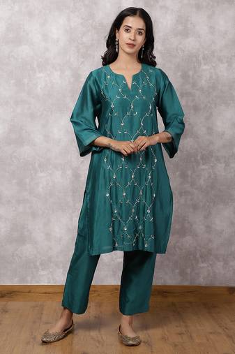 Teal silk blend chanderi hand embroidered suit set