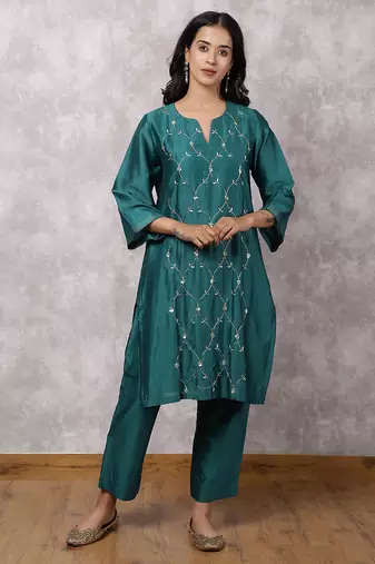 Teal silk blend chanderi hand embroidered suit set