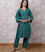 Teal silk blend chanderi hand embroidered suit set