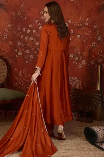 Orange silk blend embroidered anarkali kurta set with dupatta.