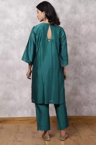 Teal silk blend chanderi hand embroidered suit set with dupatta