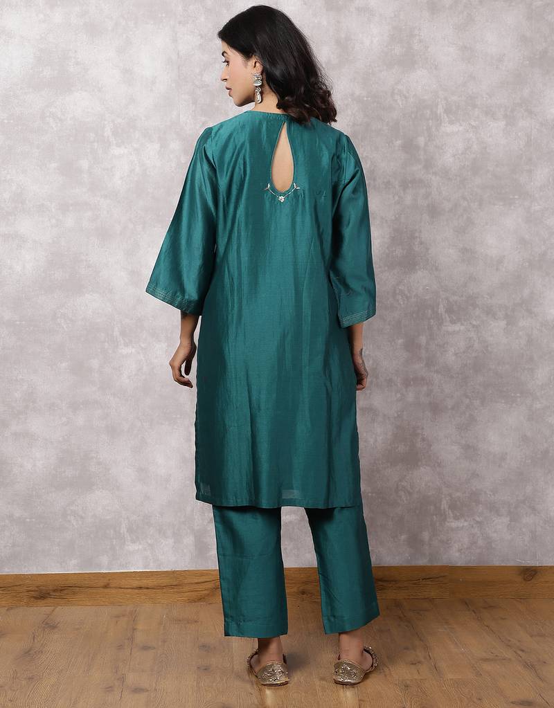 Teal silk blend chanderi hand embroidered suit set with dupatta