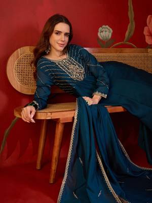 Teal silk blend embroidered anarkali kurta set with dupatta. 1