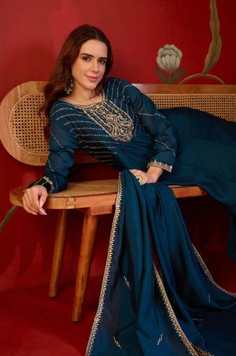 Teal silk blend embroidered anarkali kurta set with dupatta.