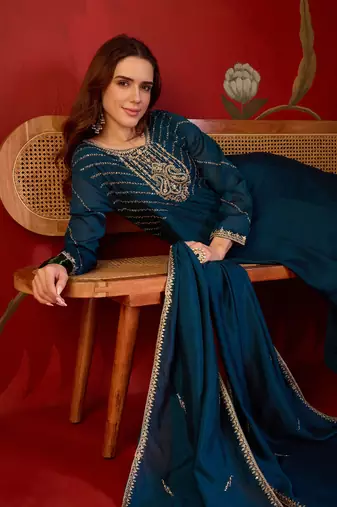 Teal silk blend embroidered anarkali kurta set with dupatta.